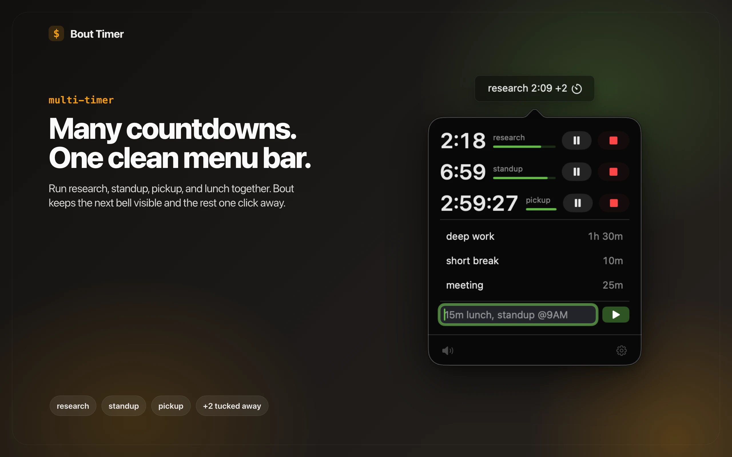 Bout App Store screenshot showing multiple countdowns in one clean menu bar